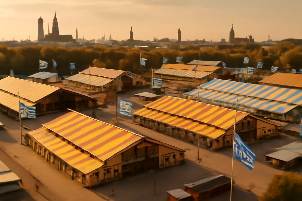 Colorful Oktoberfest festival tents on the Theresienwiese grounds in Munich, with traditional Bavarian flags and warm autumn lighting