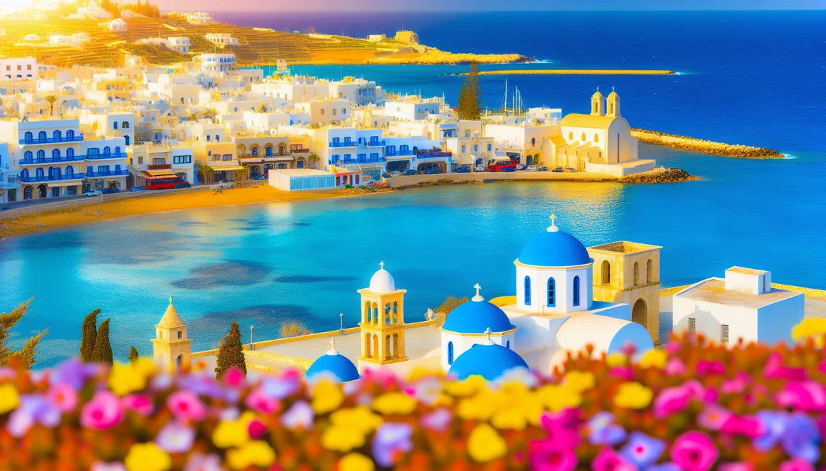 Mediterranean coastal town with white buildings and blue domes surrounded by colorful spring flowers overlooking turquoise waters