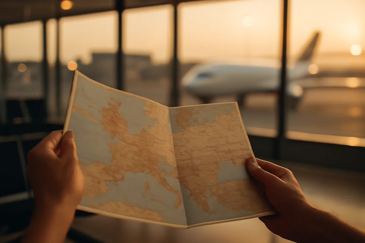 A traveler consulting a paper map at an airport departure gate with aircraft visible through large windows in the background, bathed in warm golden light