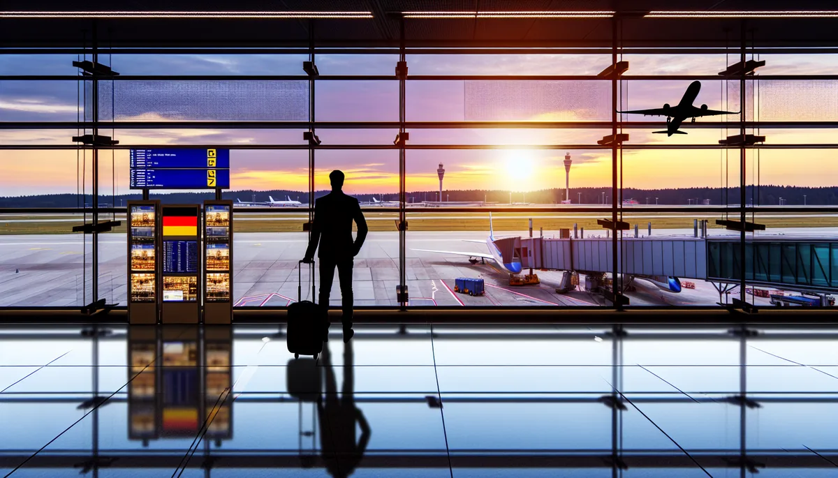 Silhouette of a traveler at an airport departure gate during sunset, with planes visible on the runway through large windows