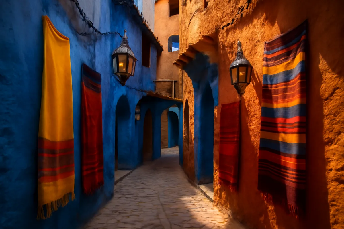 A sunlit narrow alleyway in a traditional Moroccan medina, featuring vibrant blue and terracotta walls with colorful hanging lanterns and textiles in warm golden afternoon light.