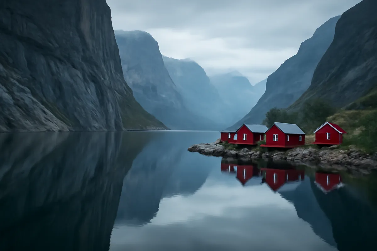 A dramatic Norwegian fjord surrounded by steep rocky cliffs, with traditional red wooden cabins along the calm water's edge and misty mountains in the background under soft Nordic light.
