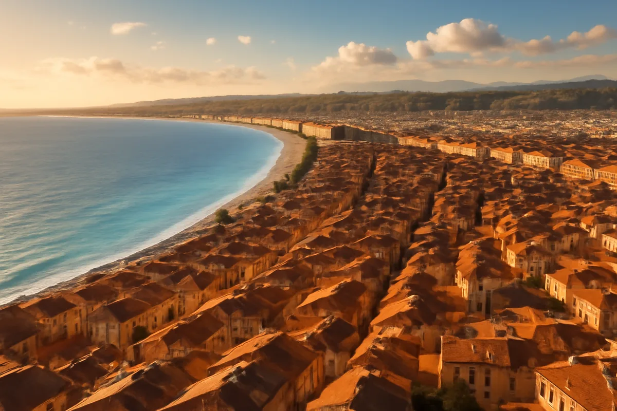 Aerial view of a sun-drenched European coastal city with terracotta rooftops overlooking a turquoise Mediterranean sea at golden hour