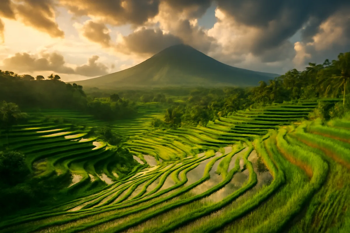 Lush green terraced rice paddies on a volcanic hillside in Bali, Indonesia, bathed in warm golden afternoon light with dramatic clouds and mountains in the background.